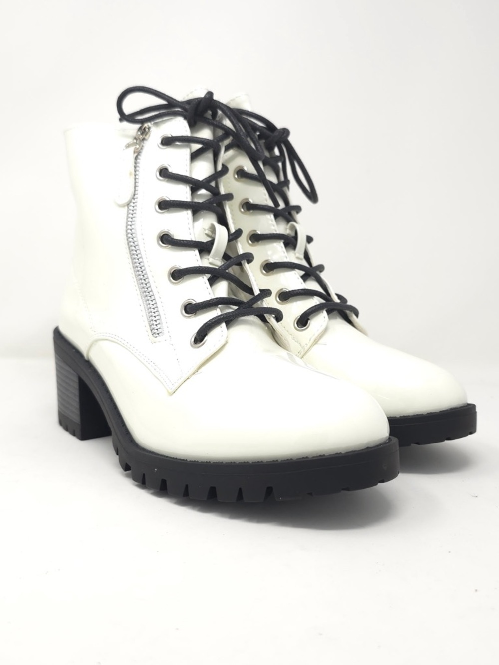 Combat Boots Chunky Heel Lace Up Side Zipper Faux Leather White Pat Ankle Boot - Picture 2 of 12